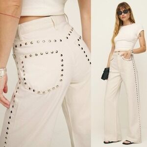 NWT Reformation Cary High Rise Slouchy Wide Leg Jeans Cream Studded Size 23